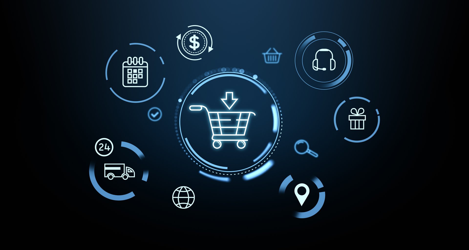 Glowing virtual screen with shopping cart, delivery, payment and geo tag. E-commerce, purchase and online marketing concept. 3D rendering illustration