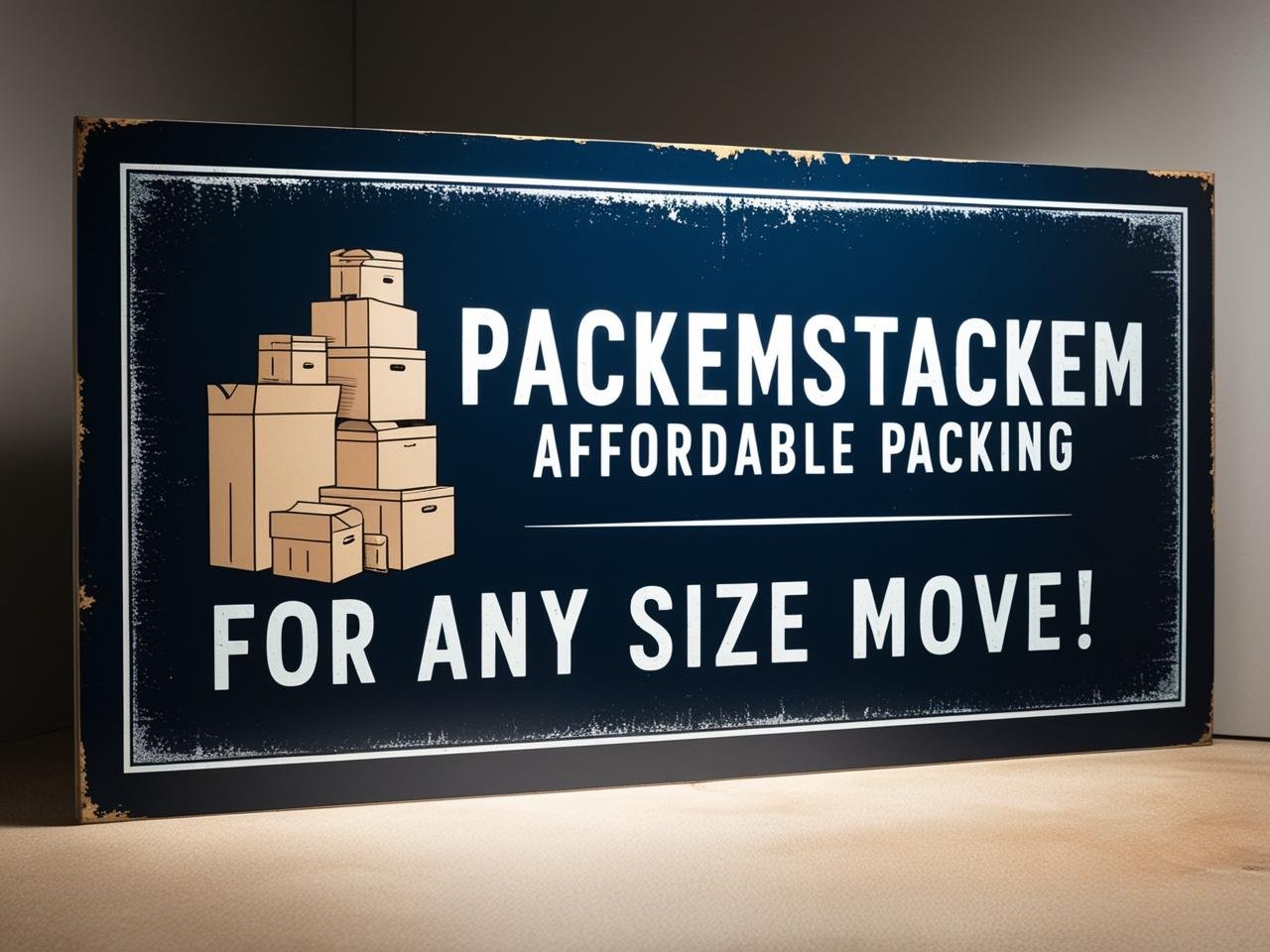 PackEmStackEm Affordable Packing for Any Size Move sign with dark blue background and packing boxes