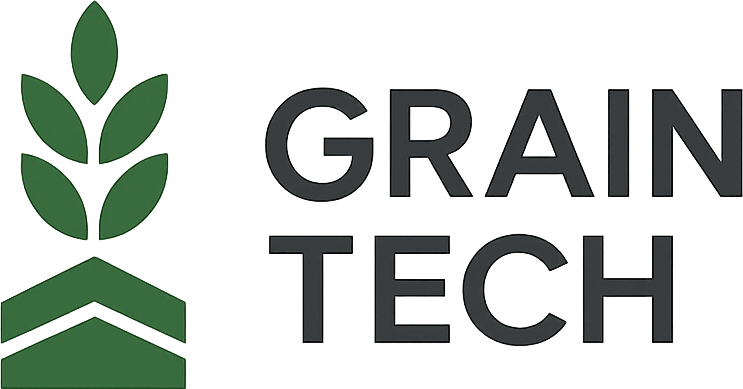 Logo with green wheat icon and text GRAIN TECH on a gradient background.