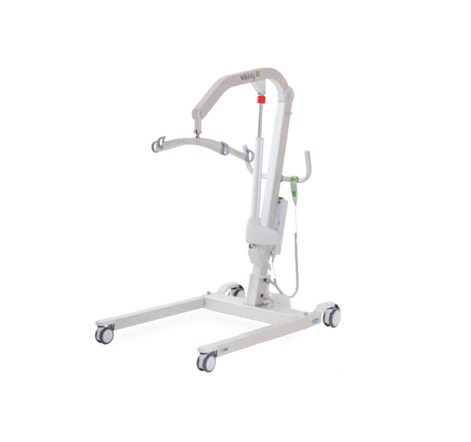 White mobile patient lift with four wheels and adjustable arm for transferring patients.