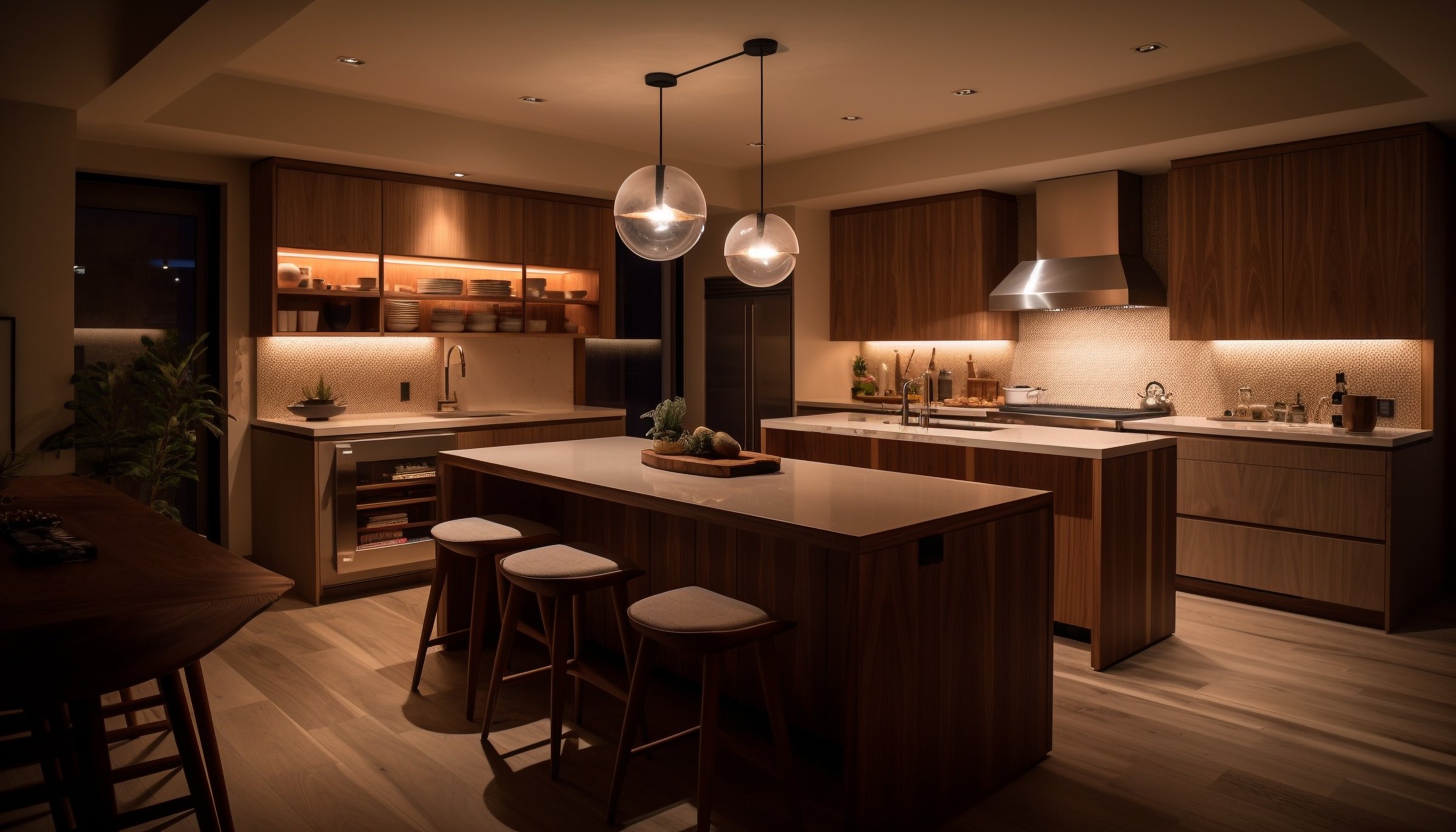 Kitchen with large island with light fixture hanging from ceiling