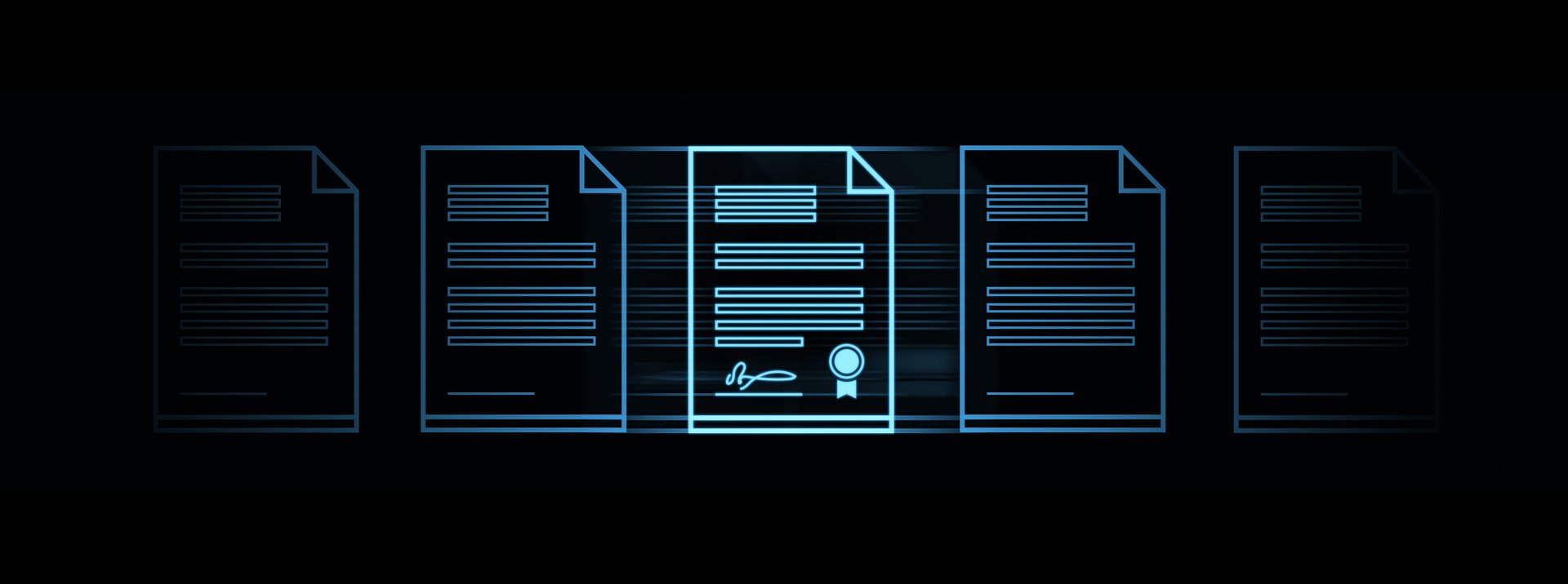 Glowing electronic document files in row, e-signature and business contract. Concept of future technologies, certification and electronic signature. 3D rendering illustration