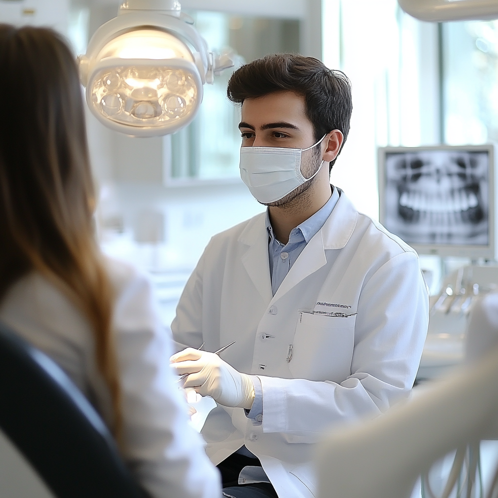 Dentist in a white coat and mask examining a patient in a dental office with an X-ray on the lightbox behind.