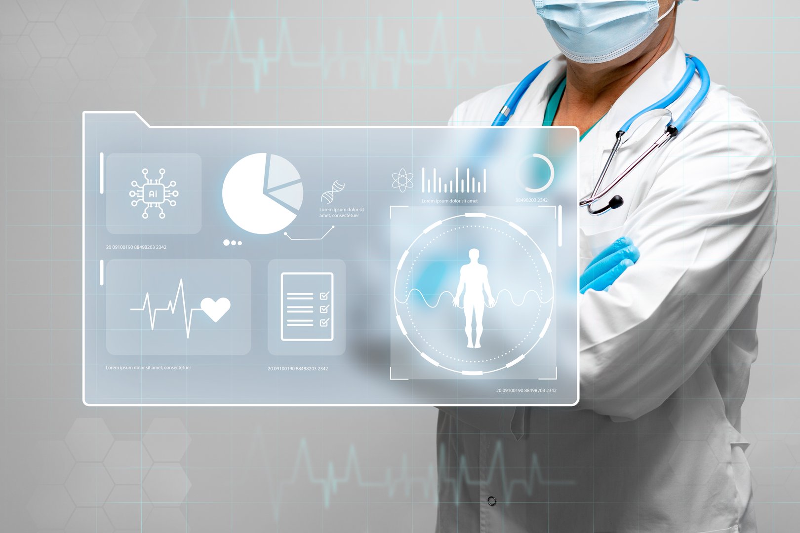 A healthcare worker in a white coat uses advanced technology to analyze patient information.