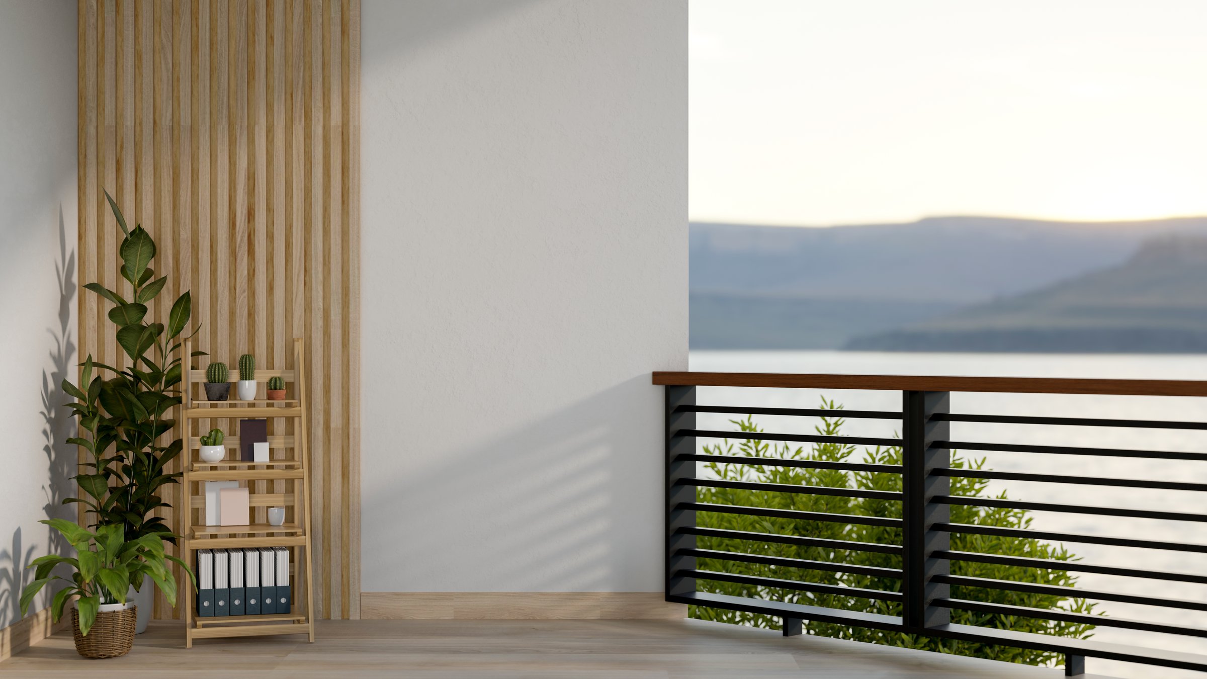 The exterior design of a spacious home balcony features a nature view, houseplants, and a wooden shelf against the wall. home exterior concept. 3d render, 3d illustration