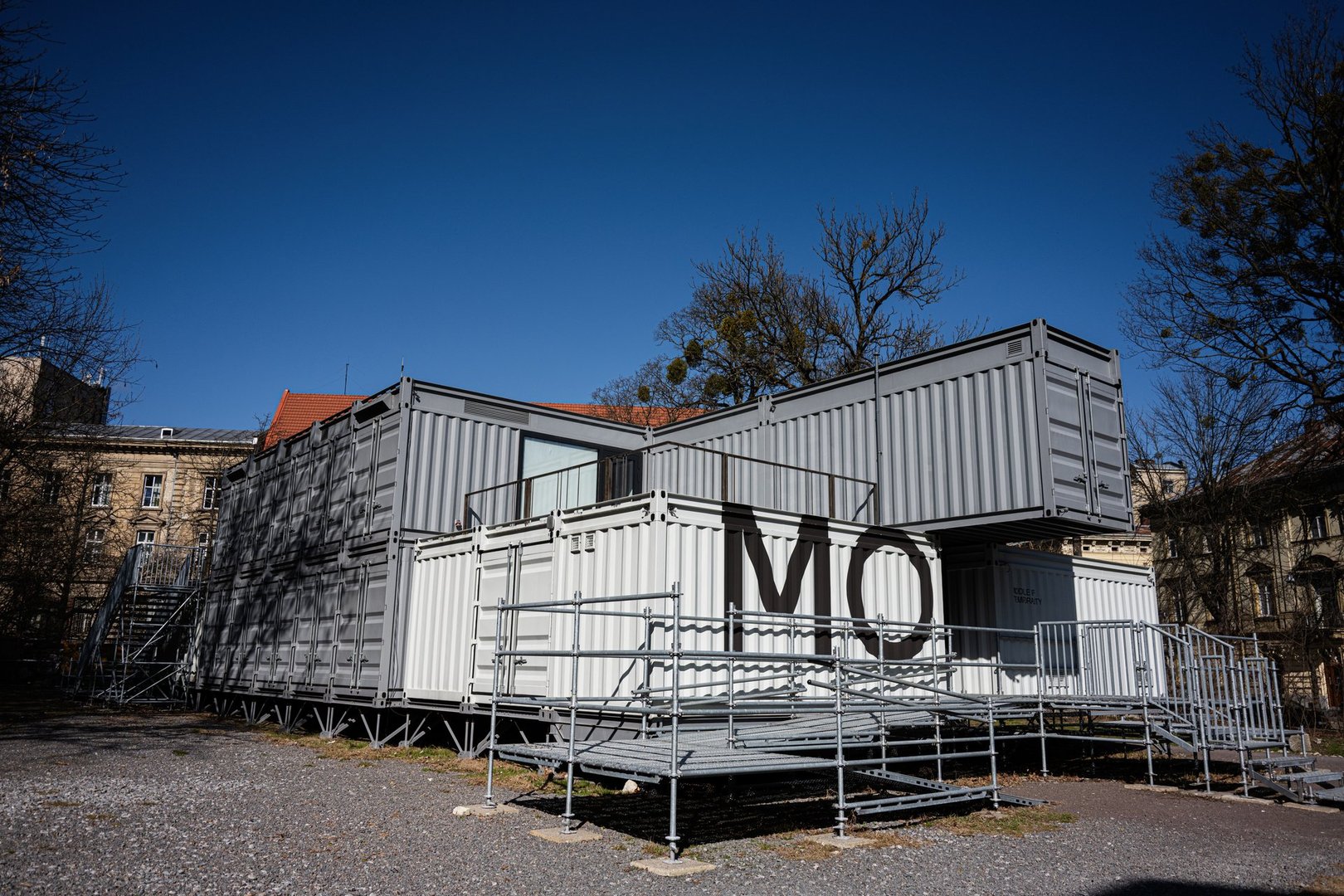 Lviv, Ukraine - April 06, 2025: Innovative Module of Temporality architecture featuring modular shipping containers used as building components