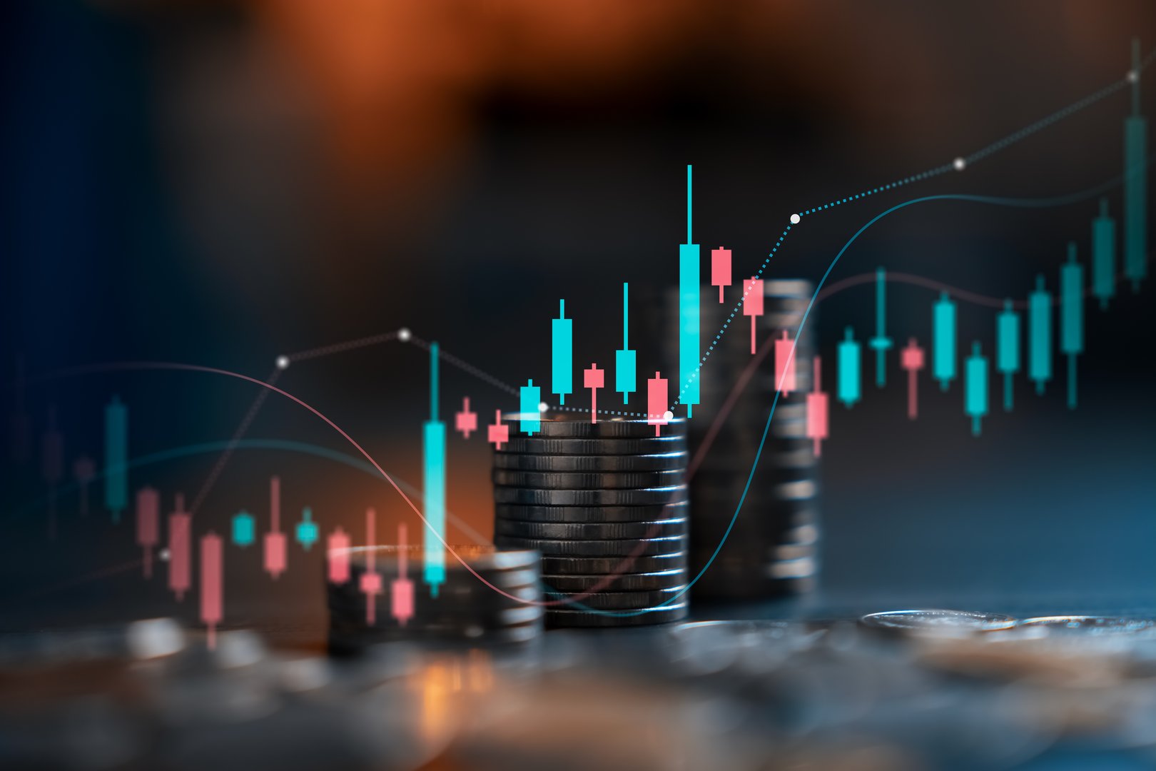financial growth and investment analysis. Coin stacks with candlestick chart and stock trading graph, representing market trend, digital asset investment, and financial success.