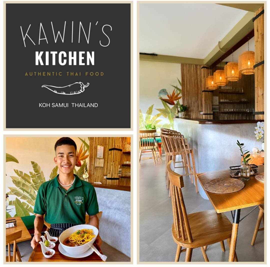 Collage of Kawins Kitchen showing logo, cheerful waiter with food, and cozy Thai restaurant interior.