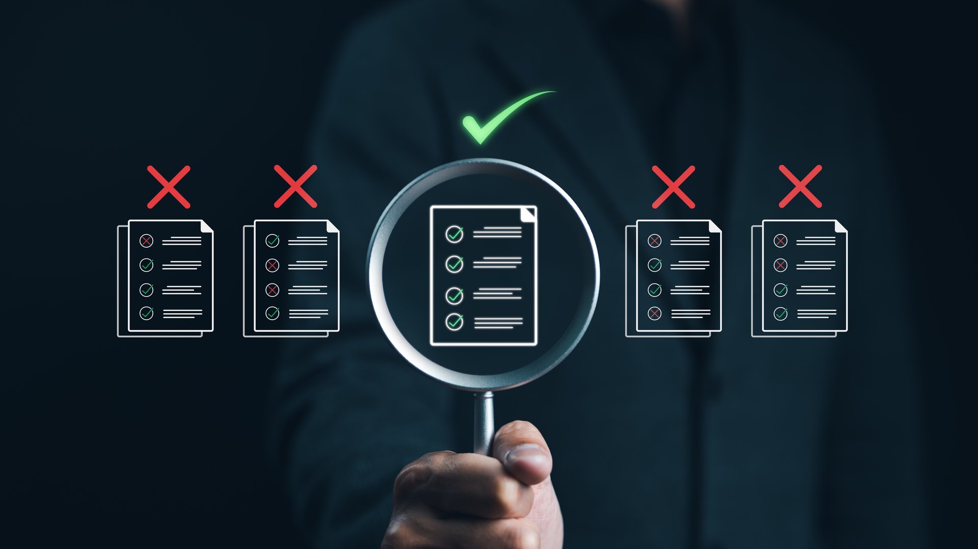 Document quality control concept. Businessman holding magnifying glass focus on document approve paperless and quality assurance approved. Checklist document analyst. Quality certificate Management.