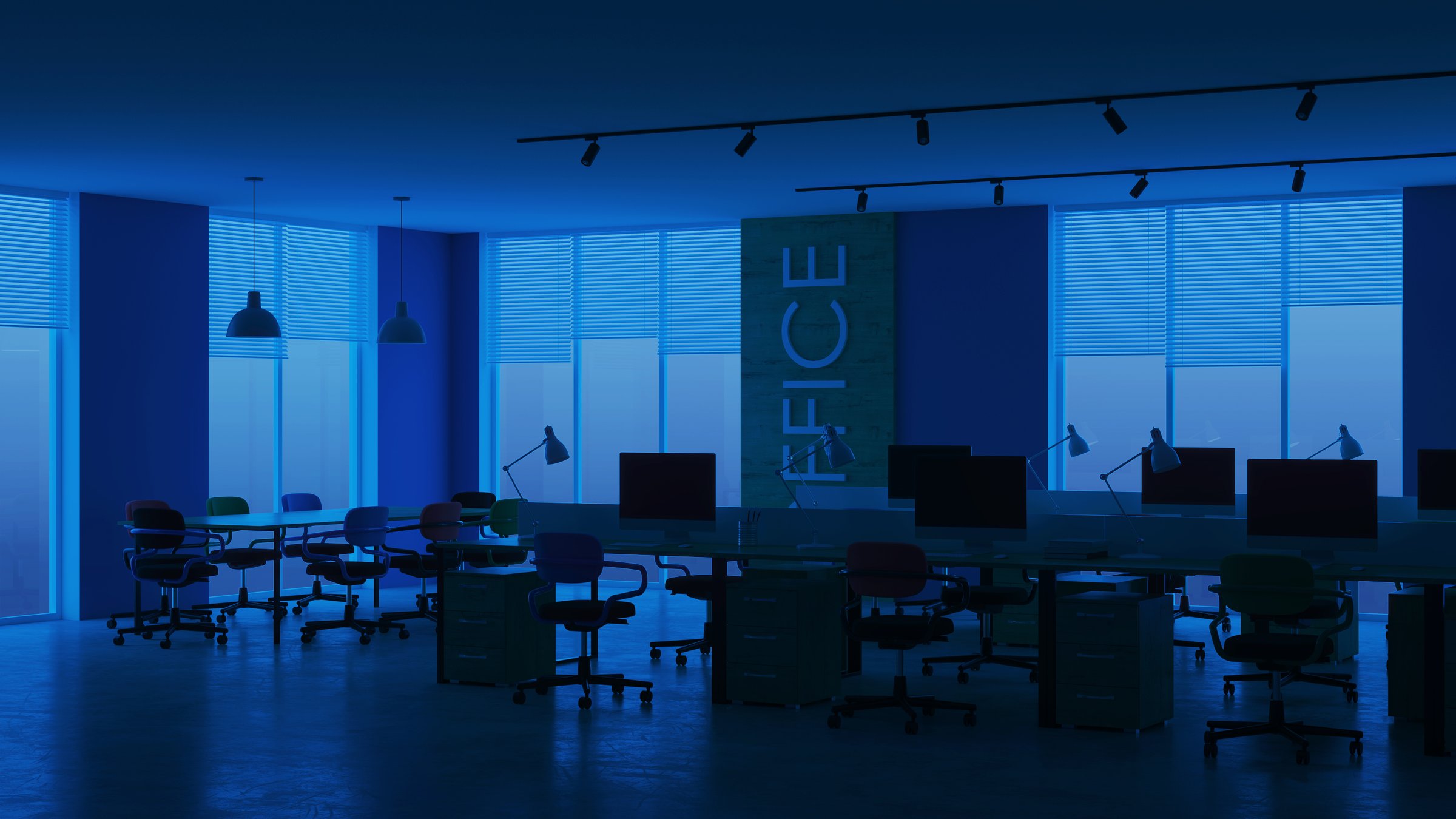 Modern office interior. Evening lighting. Night. 3D rendering.
