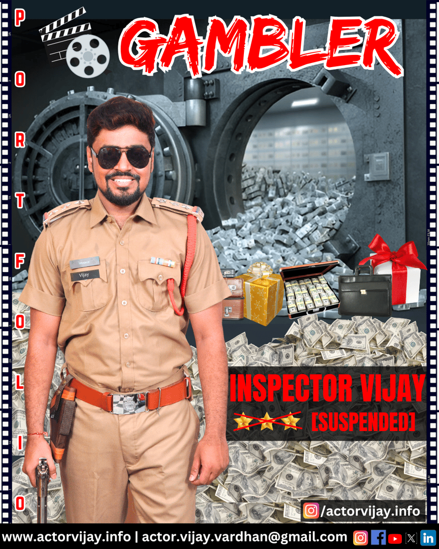 Man in police uniform, labeled as "Inspector Vijay," stands in front of open vault and cash, with "Gambler" text above.