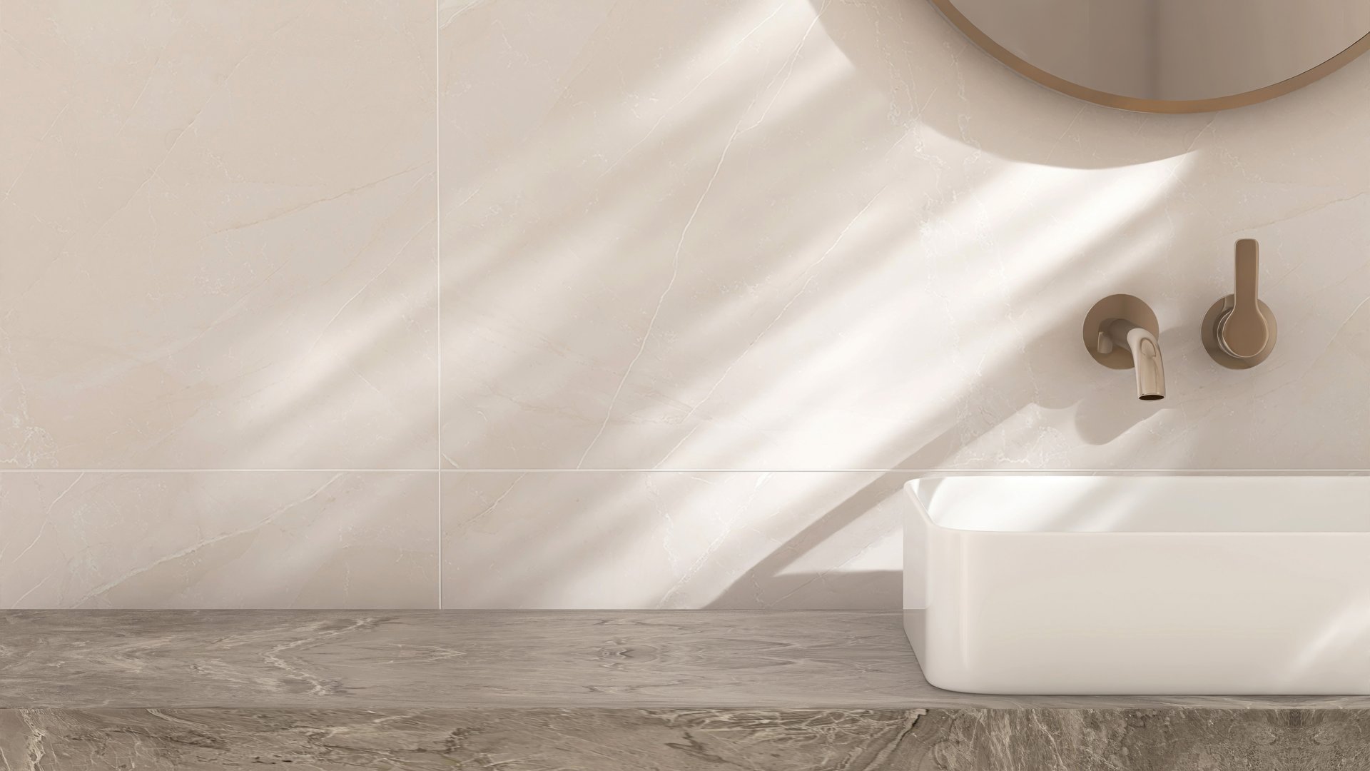 White ceramic rectangle washbasin on marble stone vanity bathroom counter in sunlight for luxury beauty, cosmetic, skincare, toiletries product background 3D