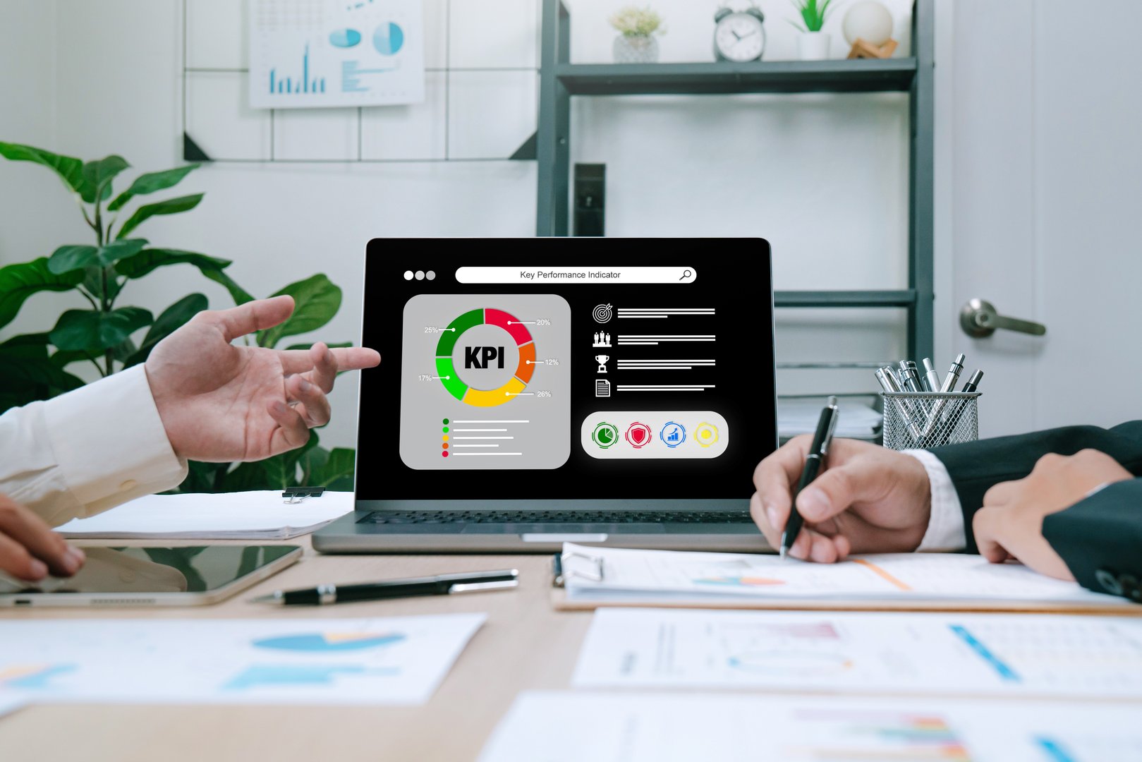 KPI, Key Performance Indicator. Businessman using KPI dashboard to analysis data System. Earnings,operations and sales data. Financial business data analytics graph dashboard. New goals.