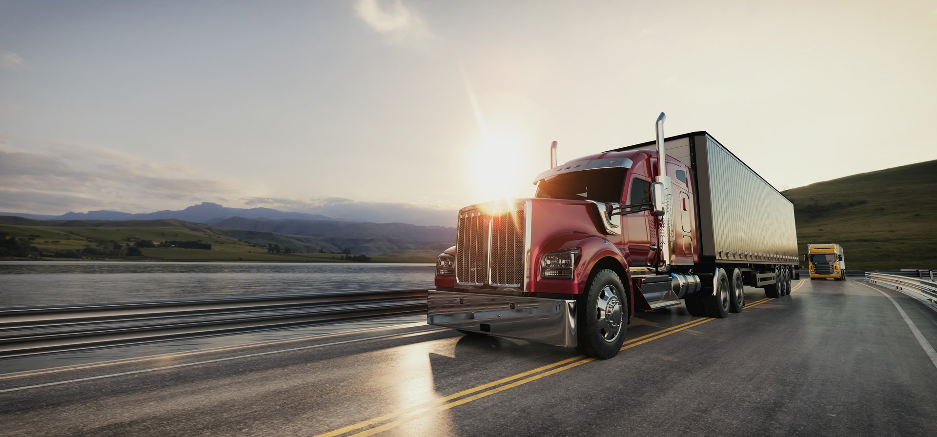 A detailed 3D rendering of a red semi truck on a scenic road with a sunrise view. Ideal for showcasing logistics and transport, 3D illustration.