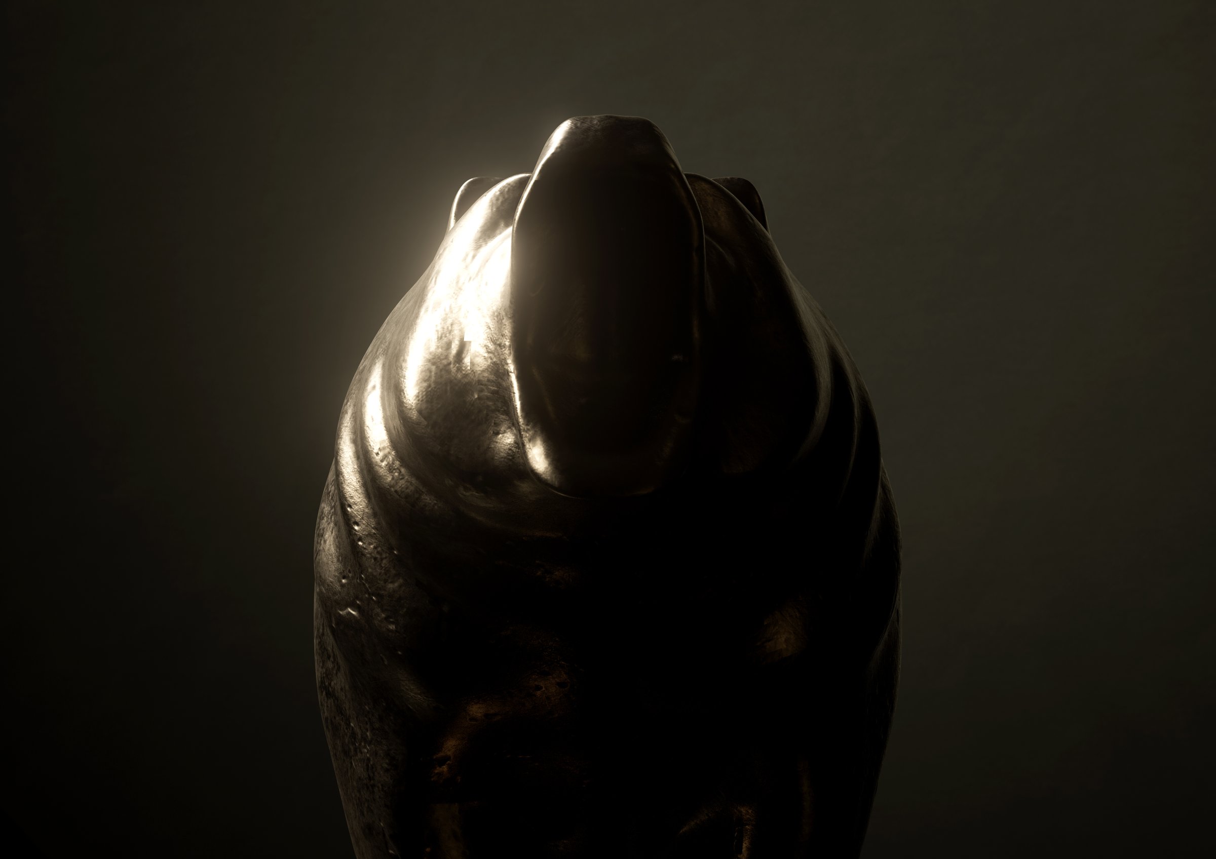 A metal castings depicting a bear in dark dramatic light representing financial market trends - 3D render