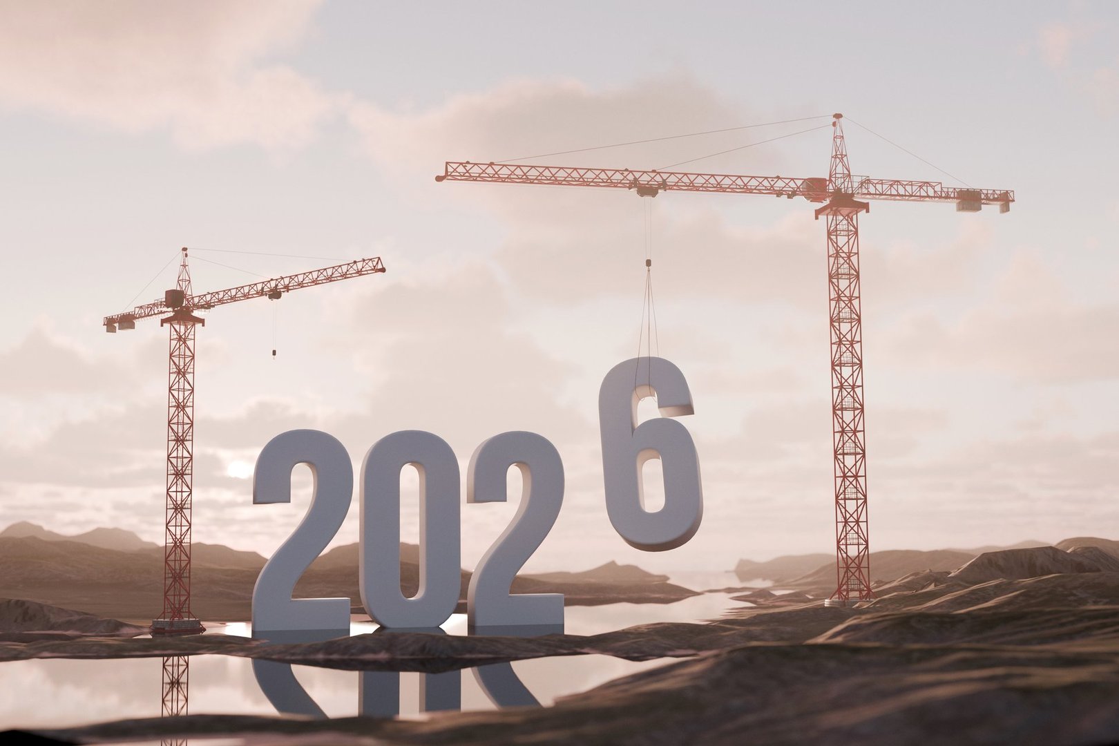 Construction cranes lifting number 6 to form 2026 against landscape with sunset sky, symbolizing progress, new beginnings, development, and building of the future year.