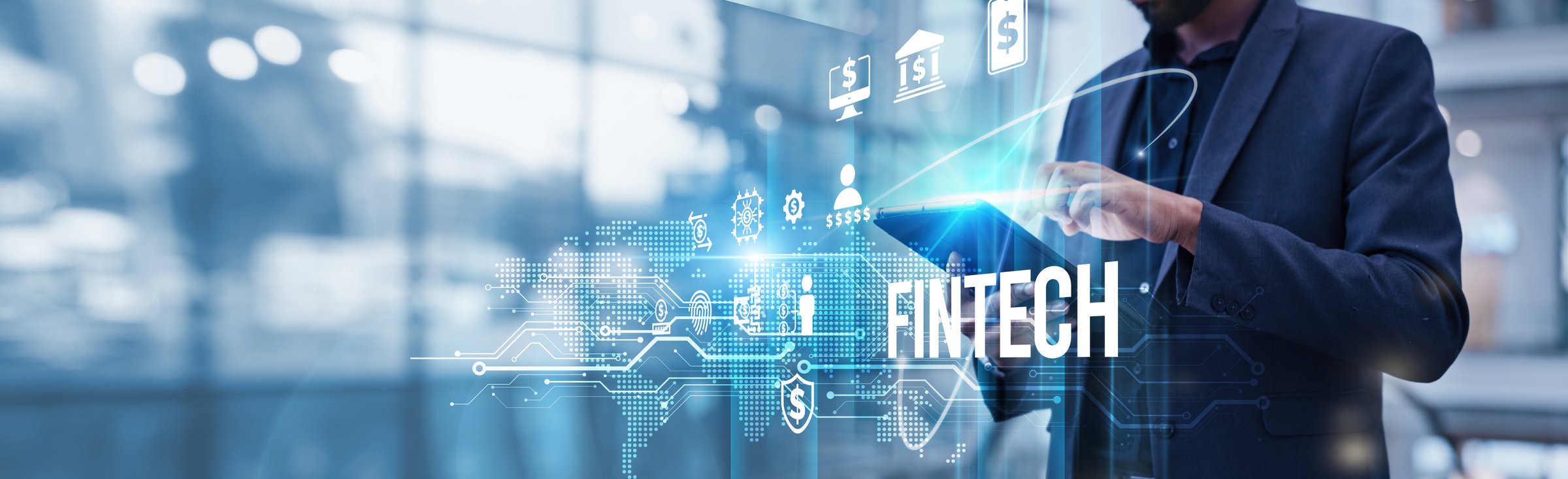 A businessman using a tablet analyzes FinTech and blockchain technology growth, leveraging AI-driven insights to optimize digital payments and investment strategies in a rapidly financial landscape.