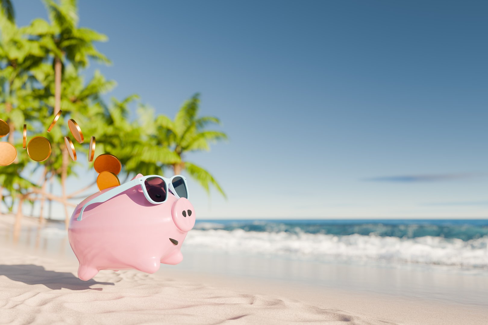 Piggy bank wearing sunglasses on a tropical beach with coins falling around it. Summer vacation and savings concept. 3d rendering