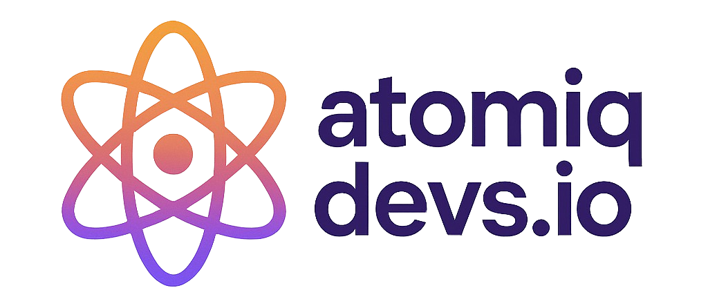 Logo with atom symbol in gradient orange-purple and text atomiq devs.io in bold purple font.