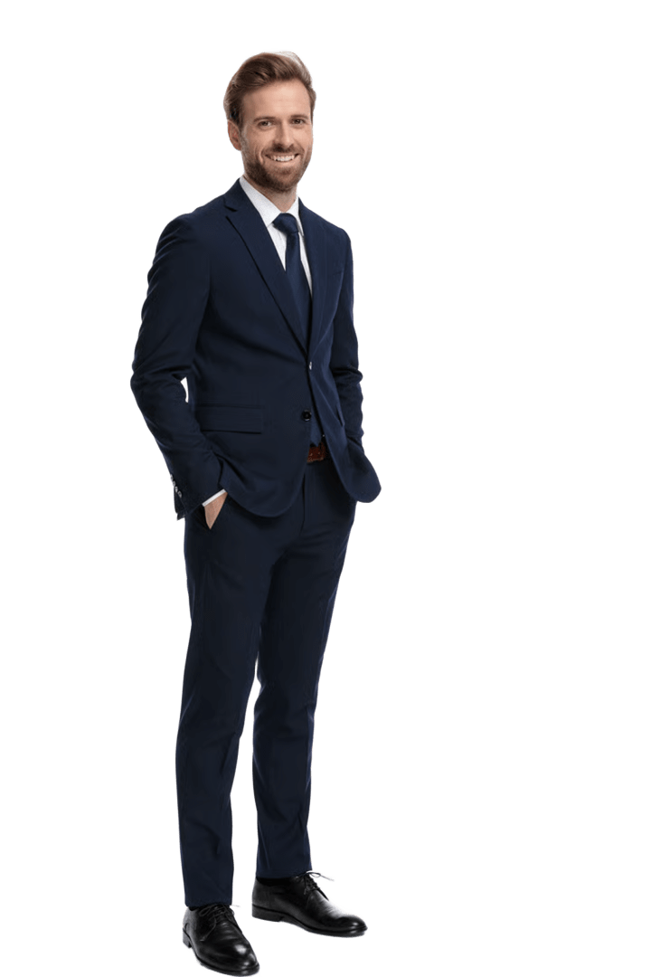 happy young businessman holding hands in pockets and smiling, standing isolated on white background, full body