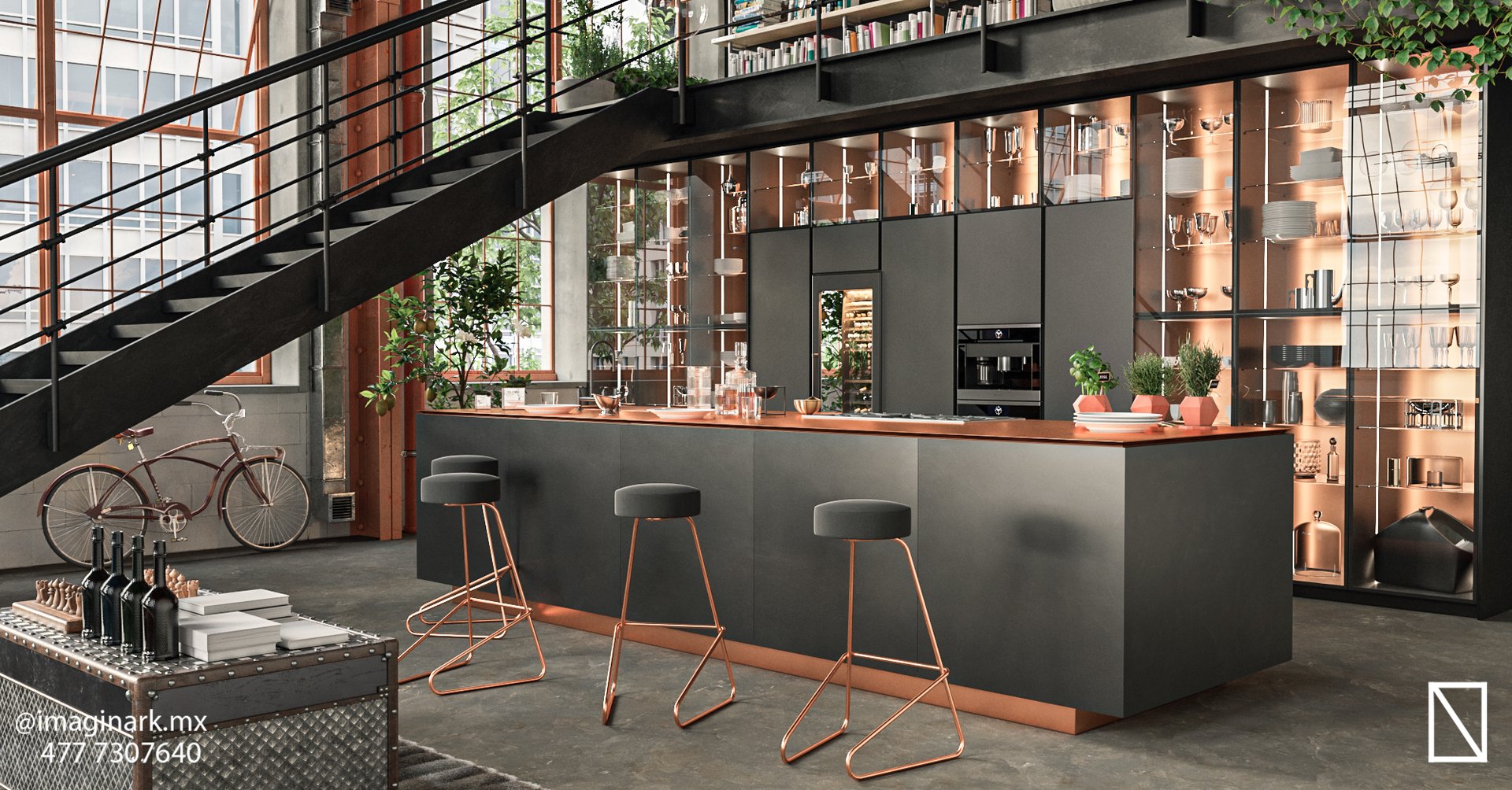 Modern kitchen with sleek black cabinets, copper accents, bar stools, under a loft with a bike and a plant, industrial style.