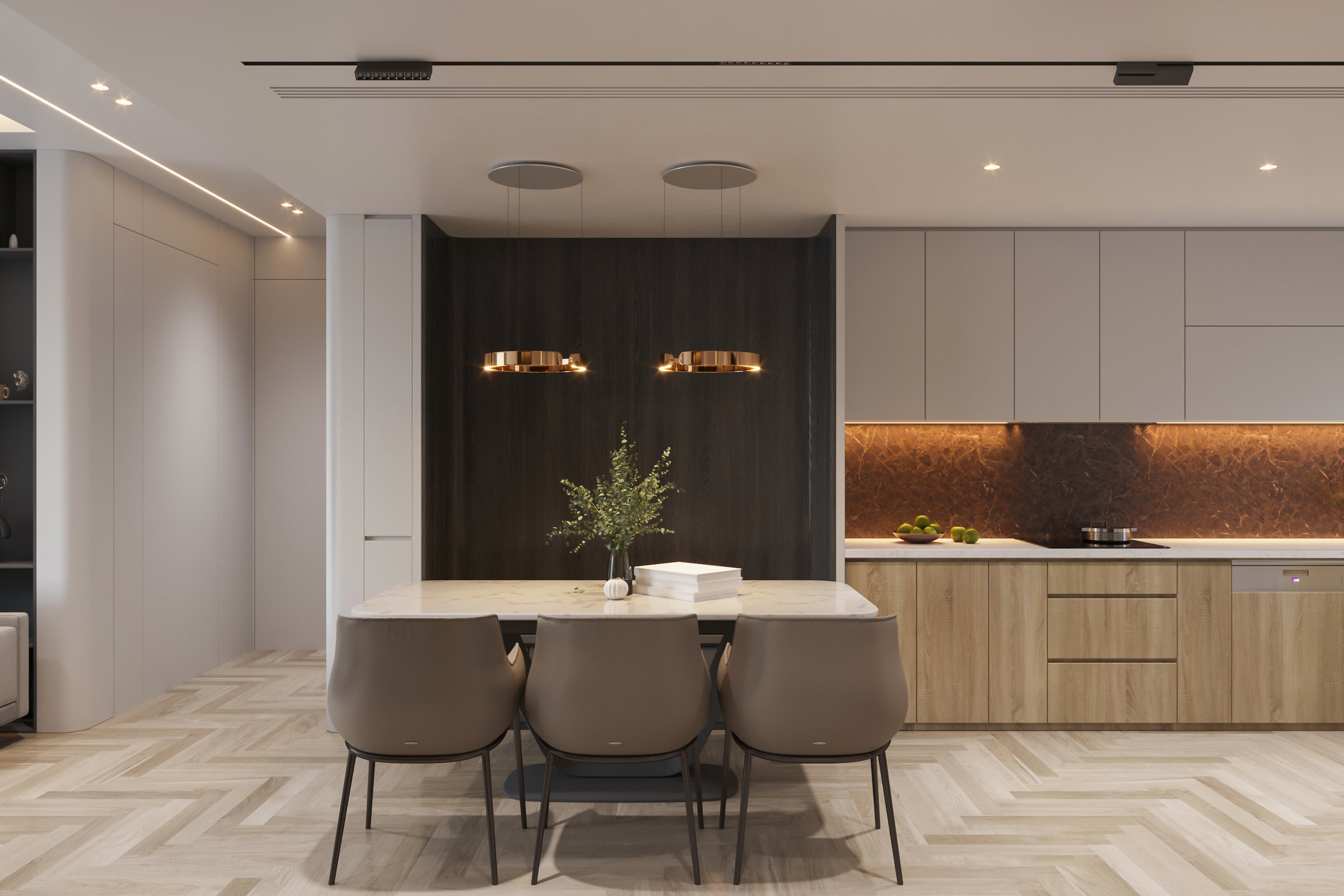Luxury Kitchen and Dining Area with Marble Table, Wood Cabinets, and Modern Lighting