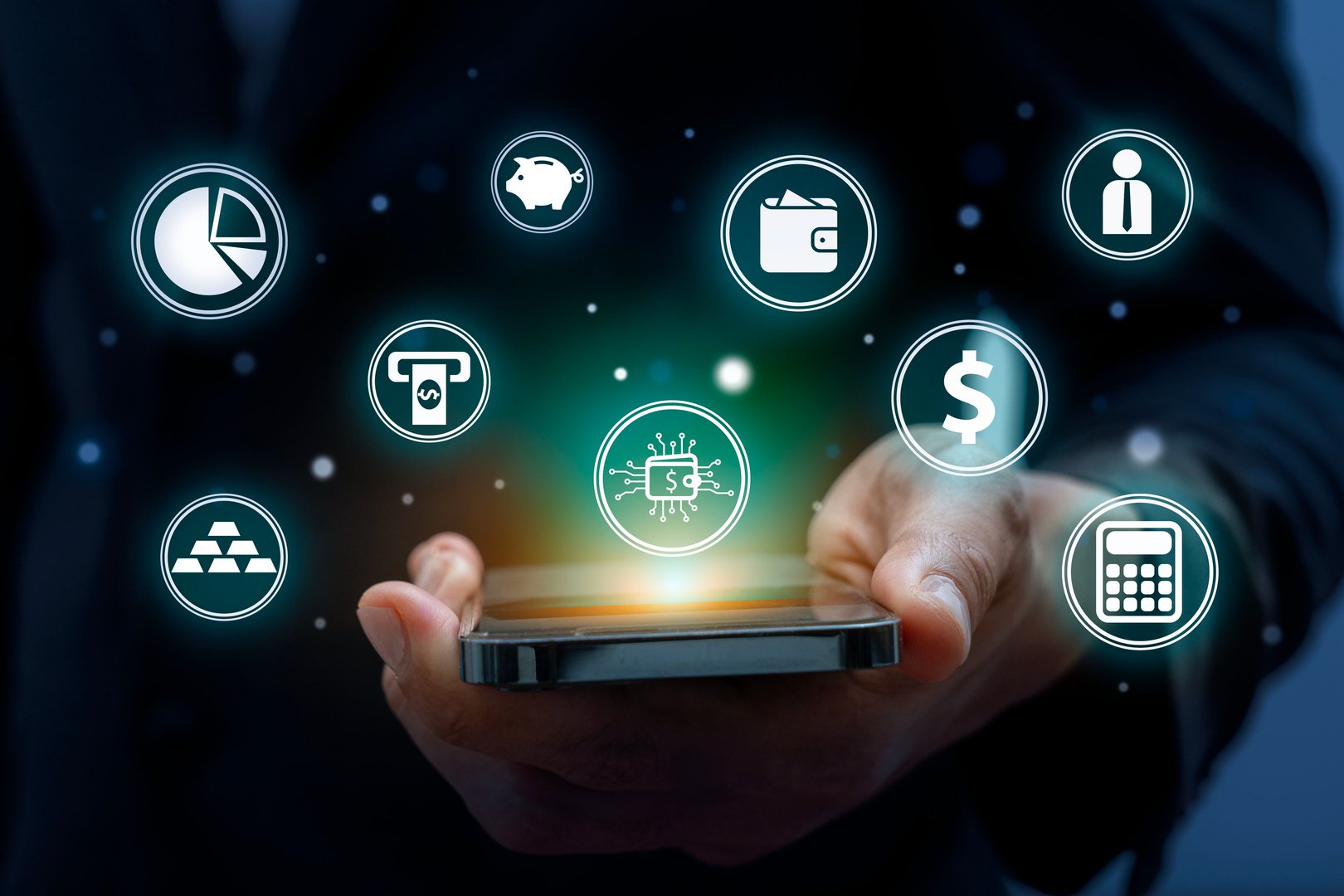 Hand of businessman using smart phone with finance icon