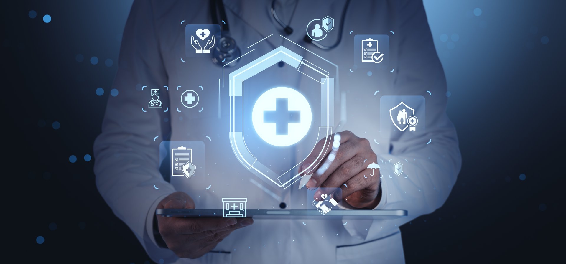 Male doctor with stethoscope using tablet, futuristic digital healthcare icons overlay, dark blue background, concept of AI healthcare technology assist