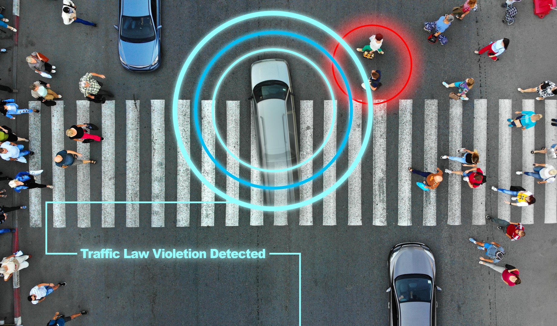 Smart robotic road control technology concept. Aerial from drone. Violation of traffic rules. The car passes on a high speed red light through a pedestrian crossing. Robotic road control technology concept.