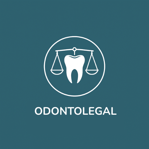 Logo with a tooth and scales of justice on a teal background, labeled ODONTOLEGAL.