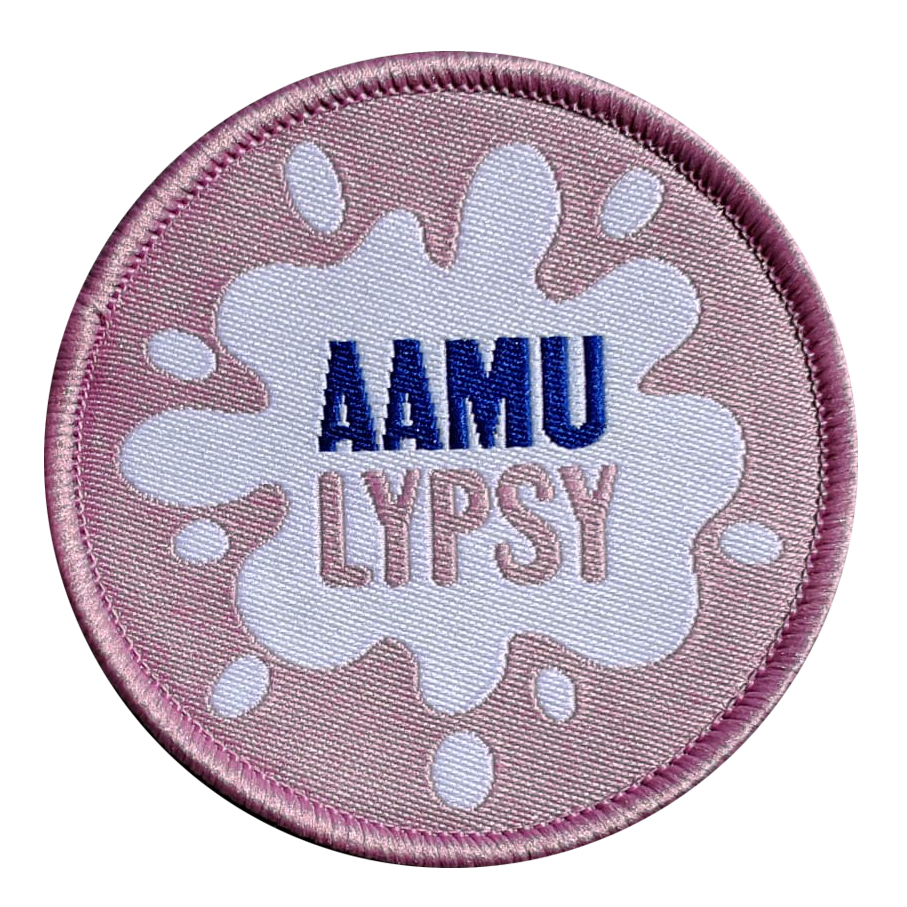 Pink embroidered patch with the text AAMU LYPSY in blue and white, featuring a splash design.