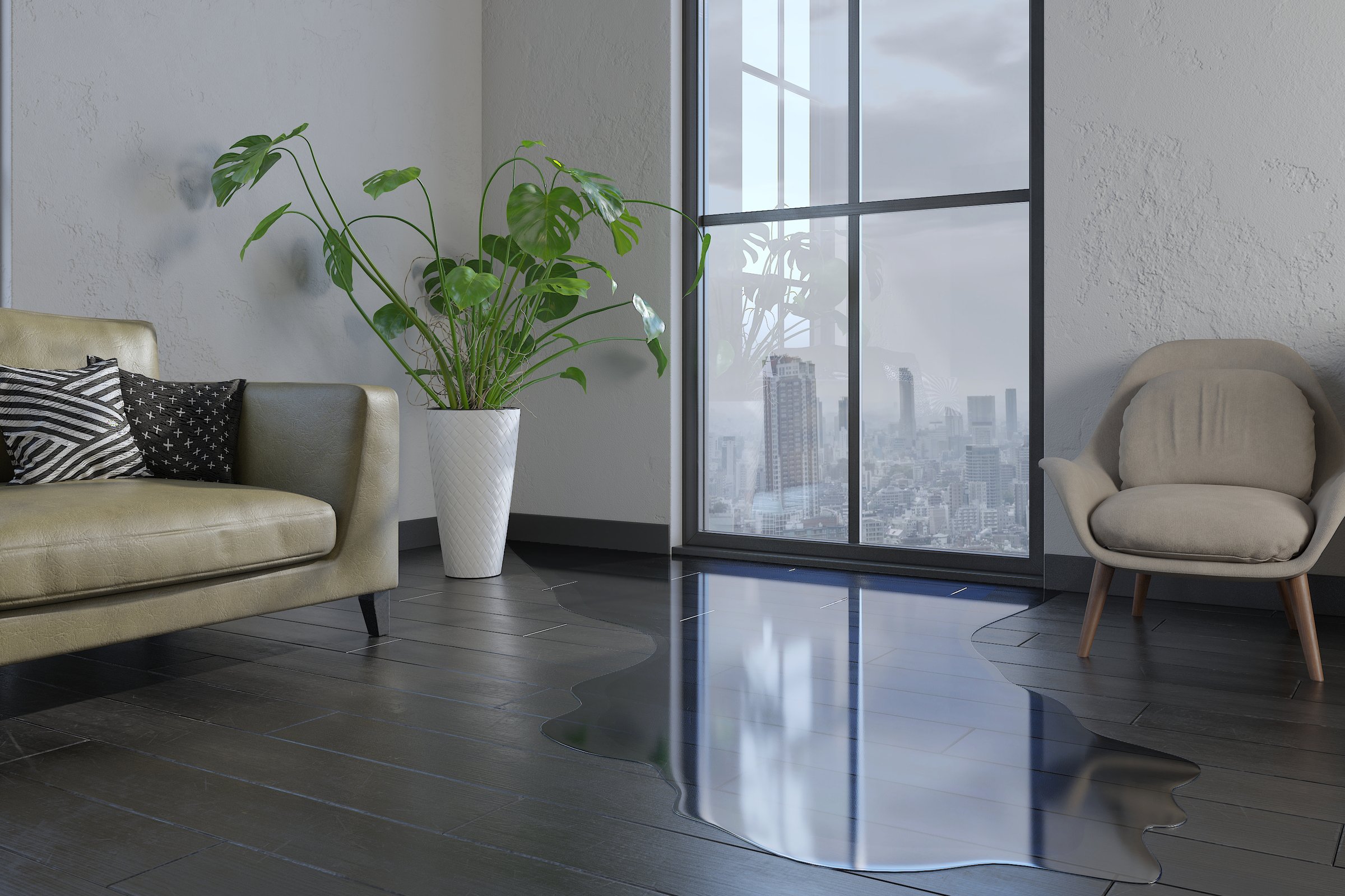 Water leaking and flooded on wood parquet floor. Room floor will damage after the water flooded. 3d illustration and rendering.