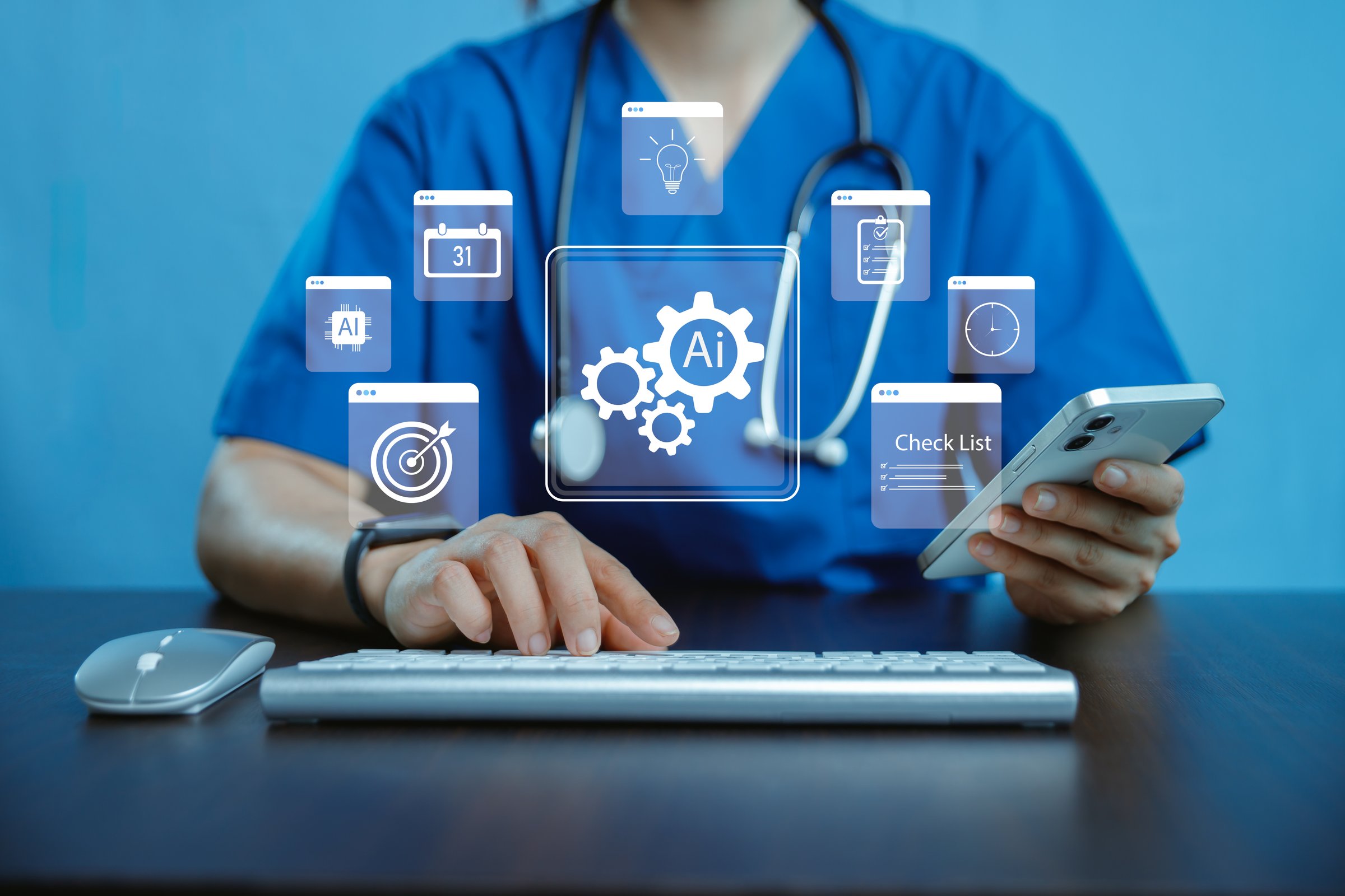 Medical professional using laptop with AI icons, checklist and healthcare technology interface, symbolizing artificial intelligence in medicine, smart data management, digital healthcare innovation.