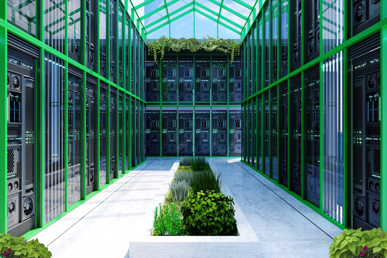 Futuristic Data Center Interior with Modern Server Racks