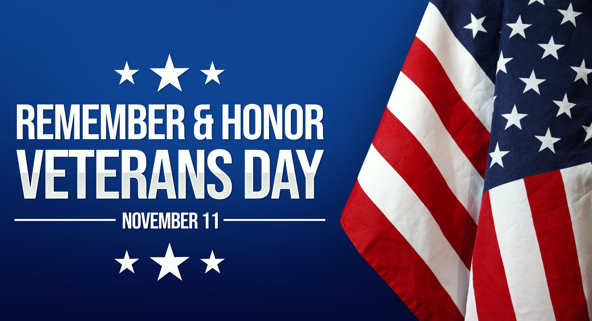 Remember and Honor Veterans Day Wallpaper with Waving USA flag on the side on blue background. Honoring veterans of usa military, backdrop design