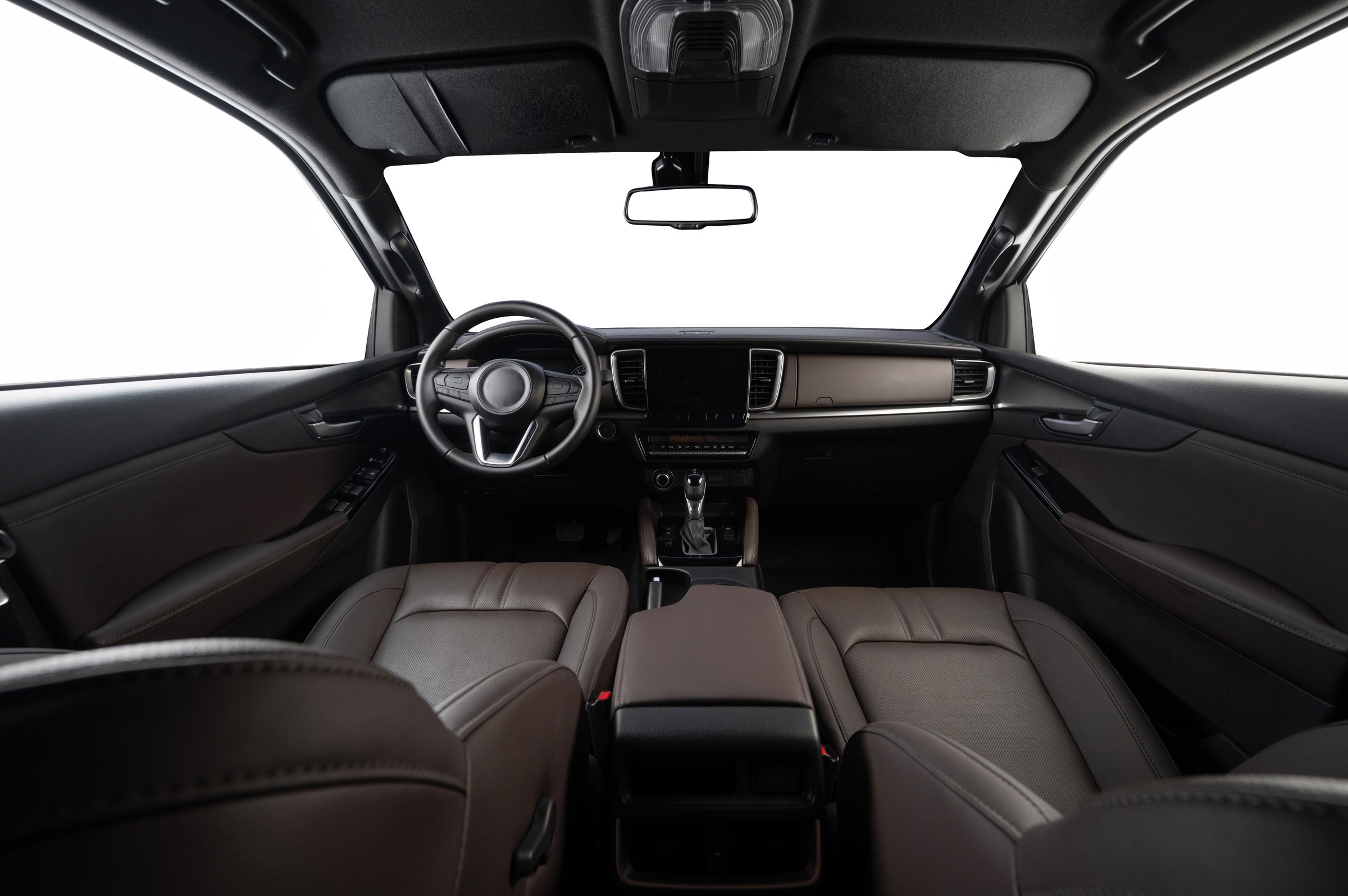 Car sterring dashboard panel interior with isolated white windows front view