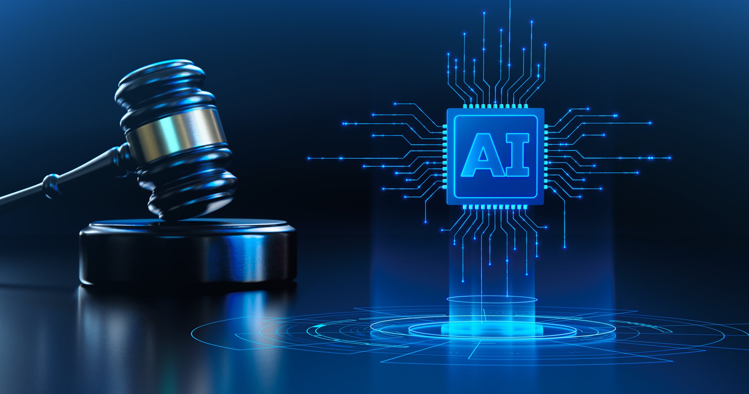Artificial Intelligence AI and Legal Systems: Judge's Gavel Hammer as a Symbol of Law and Order with Processor CPU AI Chip.