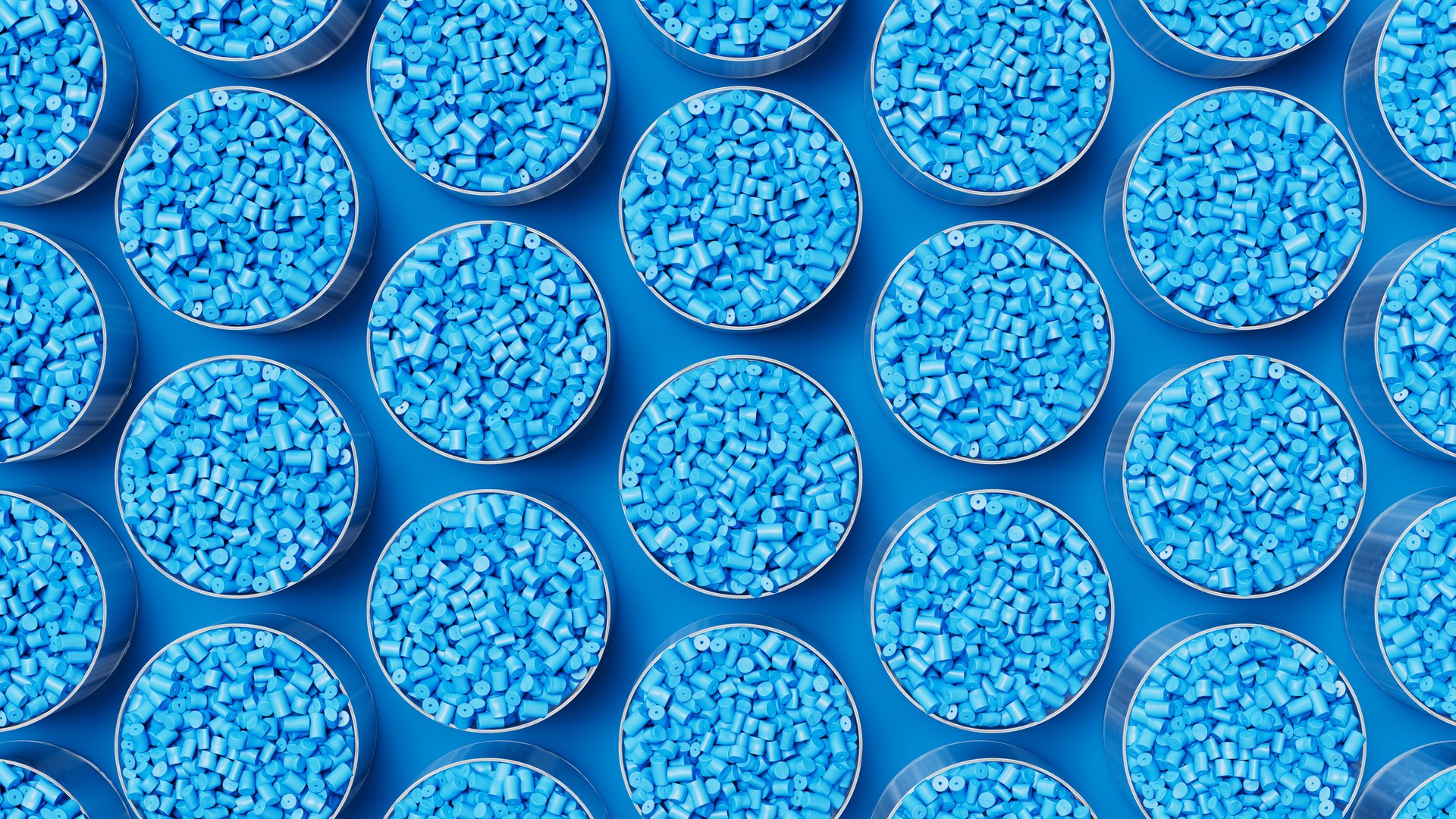 Top view on grid of glasses filled with blue plastic polypropylene granules, masterbatch polymer grain. HDPE or PVC resin pellets. 3d render illustration.