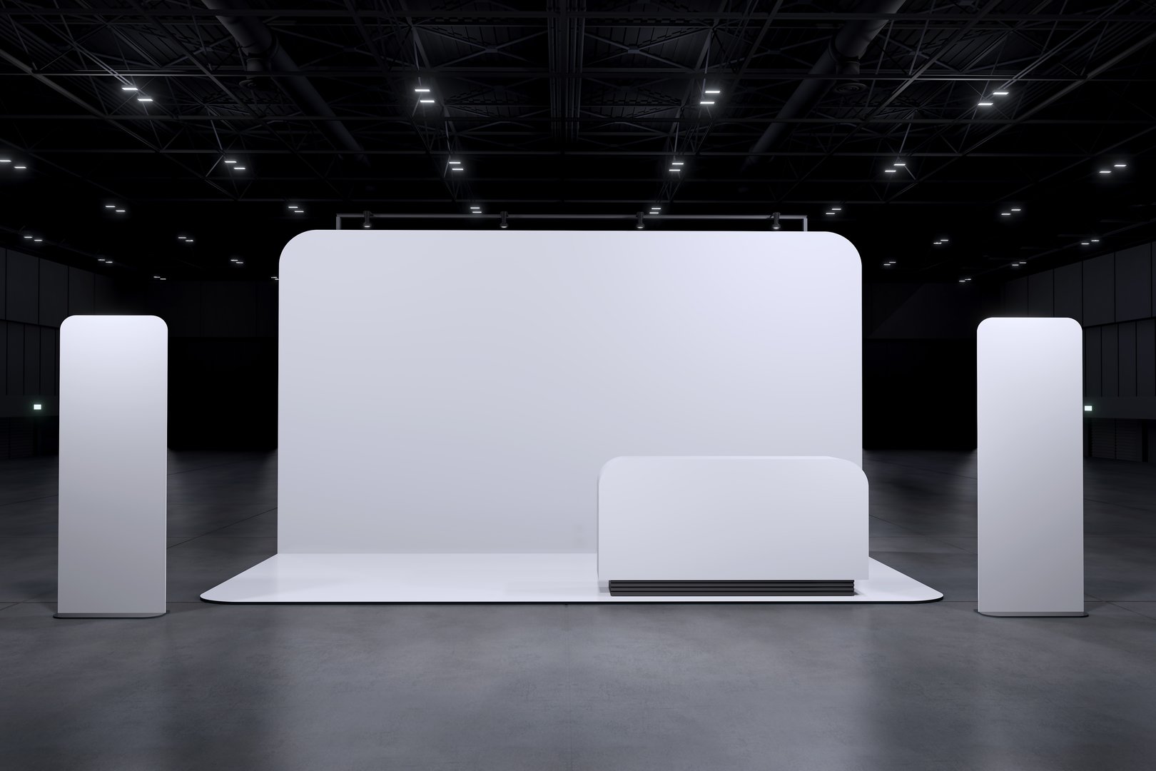 Exhibition standing for mockup and Corporate identity,display.Empty booth Design.Retail booth design elements in Exhibition hall.Booth system of Graphic Resources.3d render.