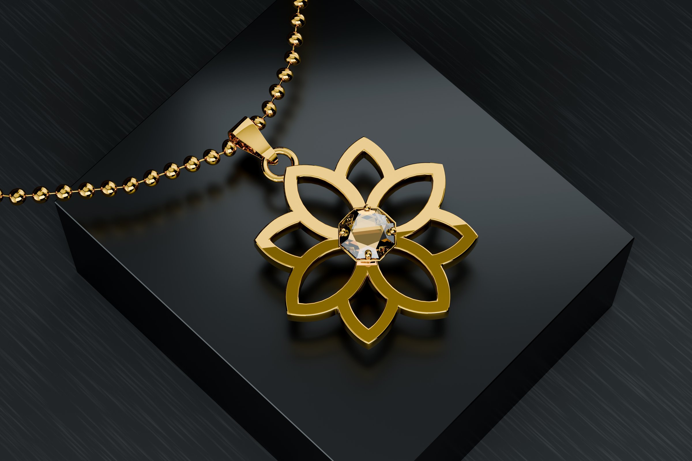 Beautiful Lotus Shaped Gold Diamond Pendant - 3D Illustration Render
