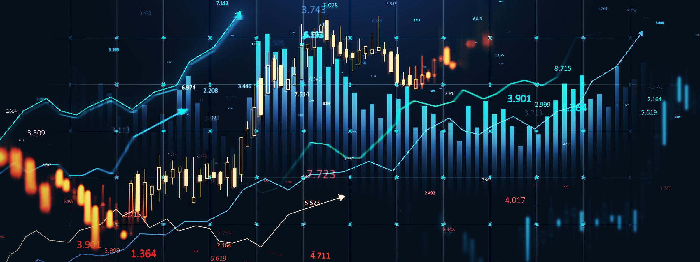 Financial data chart with glowing trading graphs and candlestick patterns on dark blue background, concept of forex and stock market analysis. 3D Rendering.