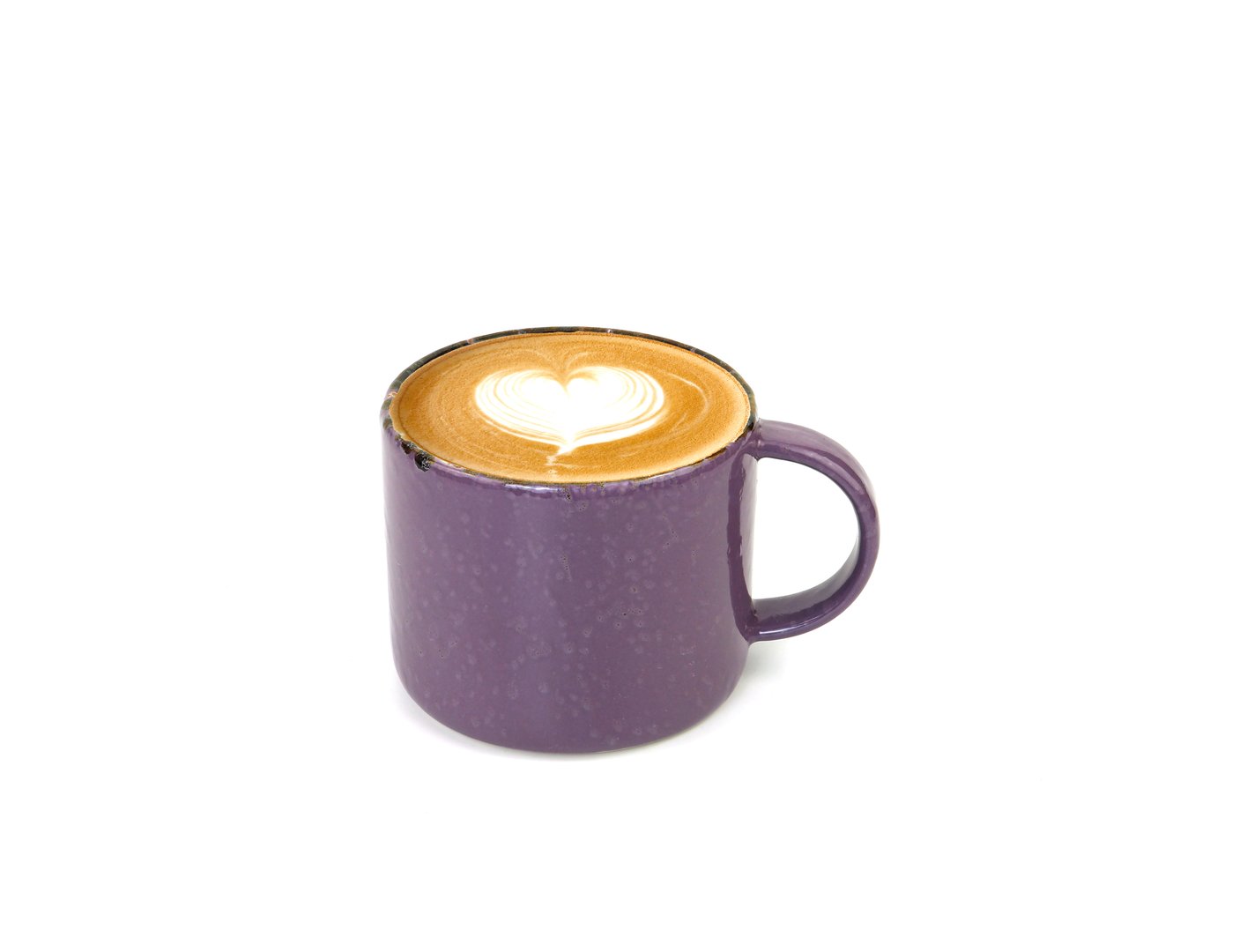 Hot latte coffee with art heart shape in purple ceramic mug isolated on white background. space for your text.