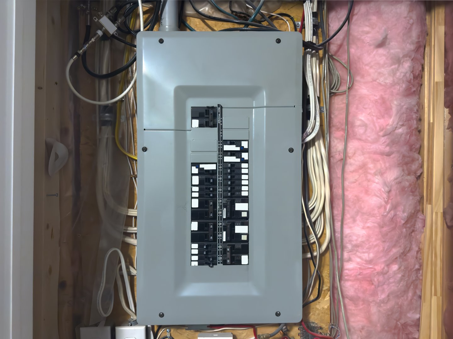 Close-up of a residential breaker panel with labeled circuit breakers, exposed wiring, insulation and wooden studs in an unfinished utility area.