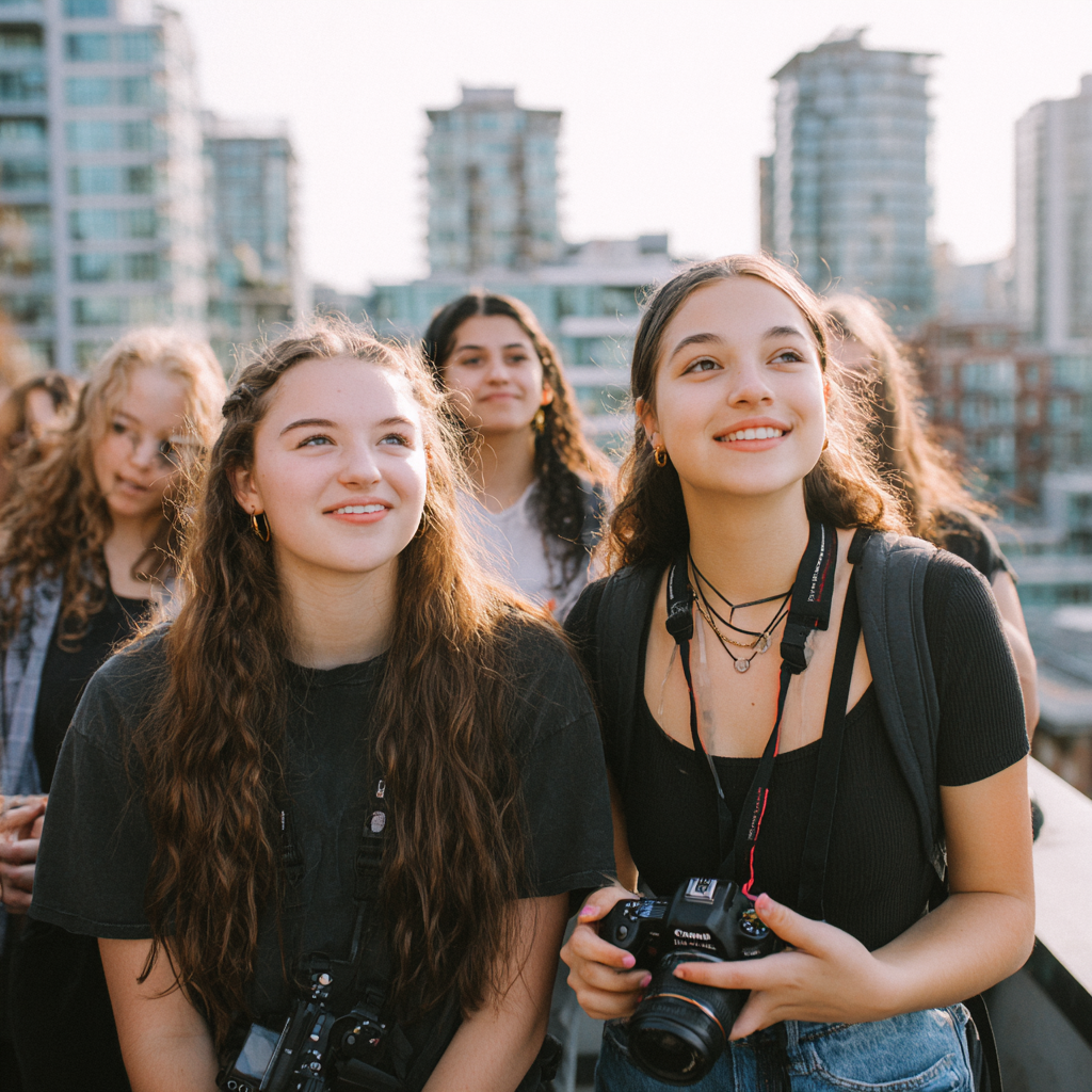 Young women engaged in creative collaboration and media production work