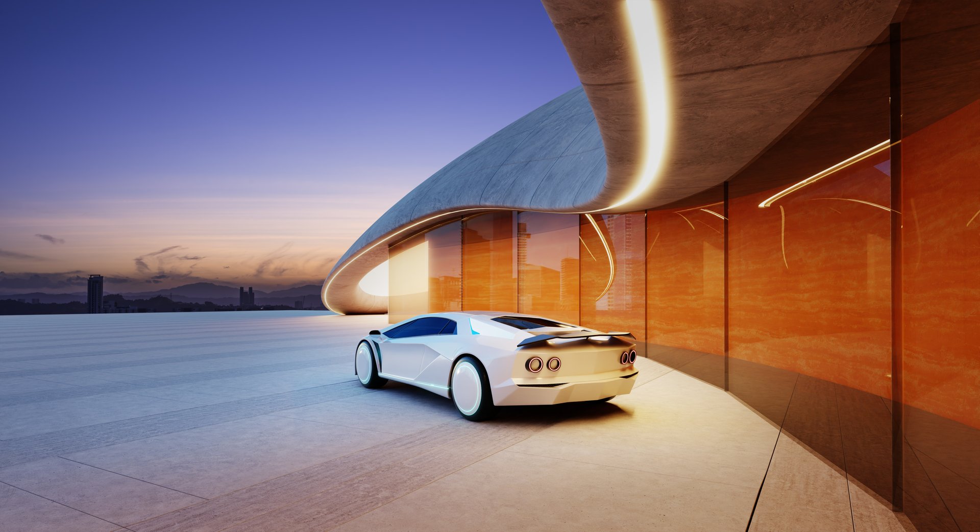 Futuristic white car parked in a modern, curved garage with orange walls at sunset, overlooking a cityscape. 3d rendering