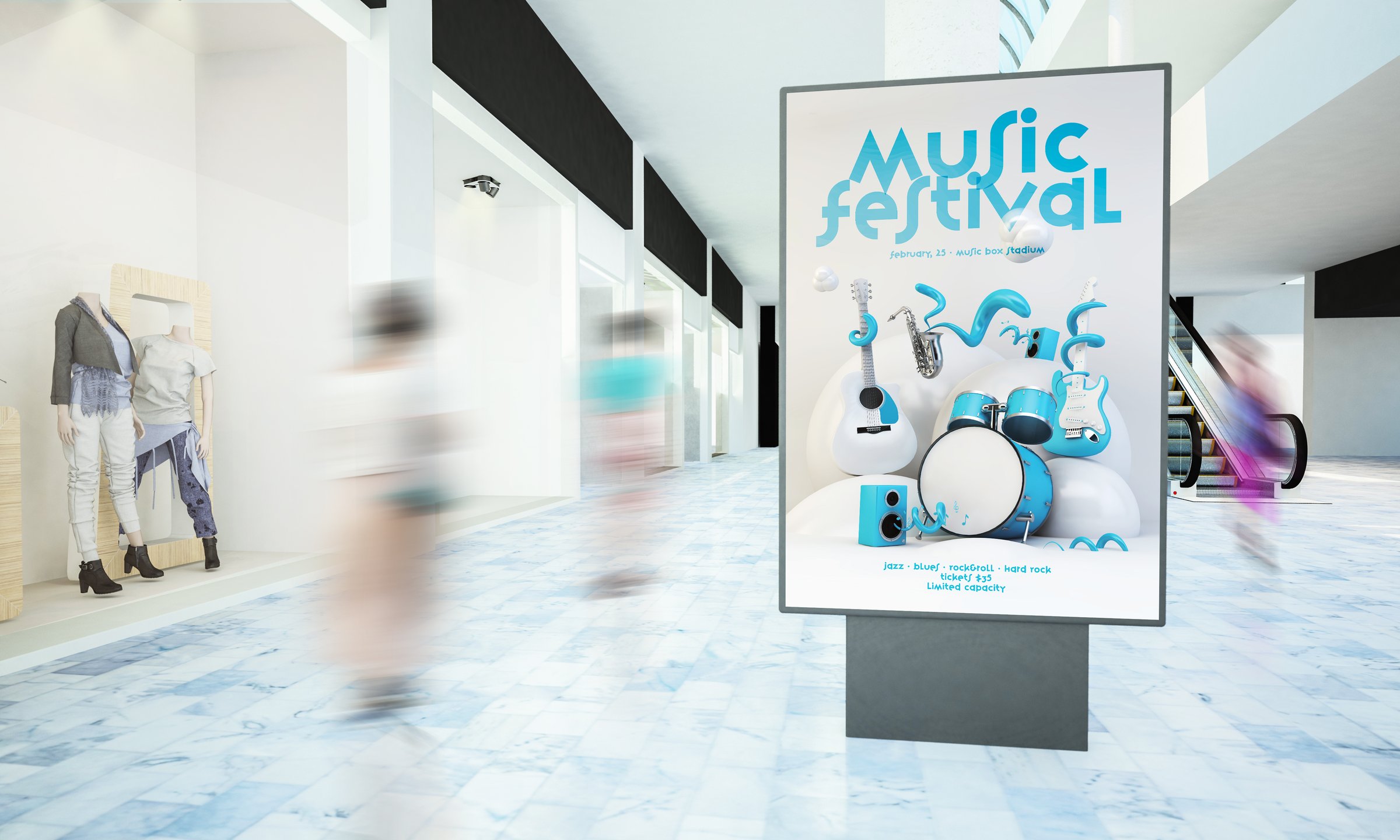 billboard music festival y advertising on a mall 3d rendering mockup
