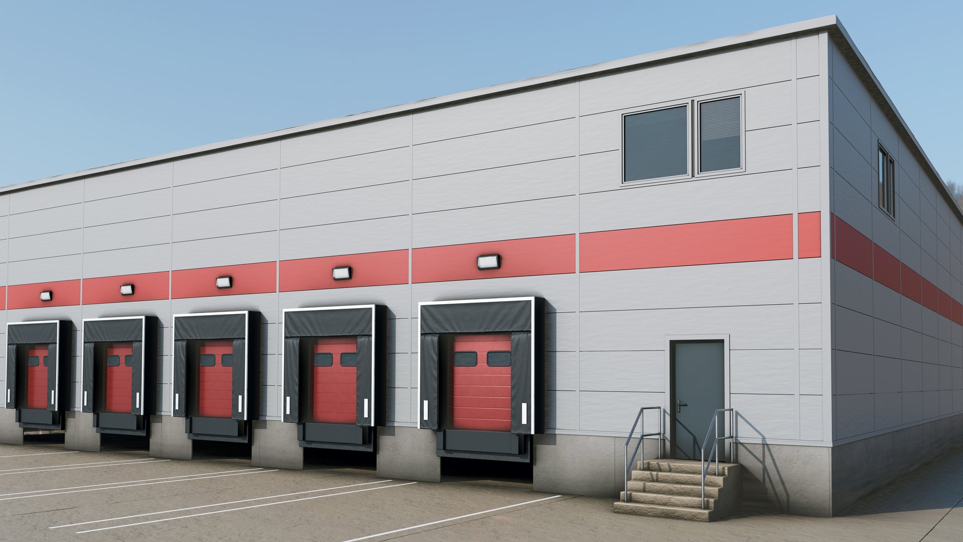 Modern Warehouse Exterior with Loading Bays