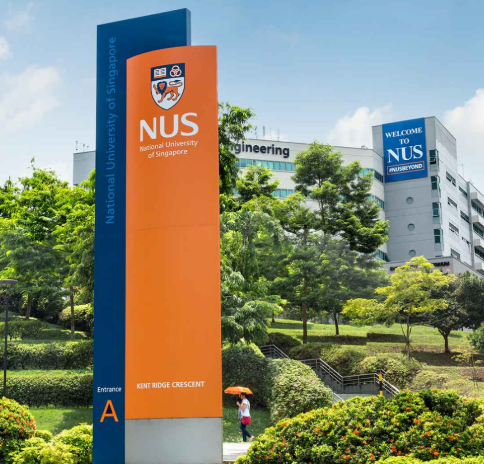 National University of Singapore entrance sign with a woman walking by, buildings in the background, and greenery around.