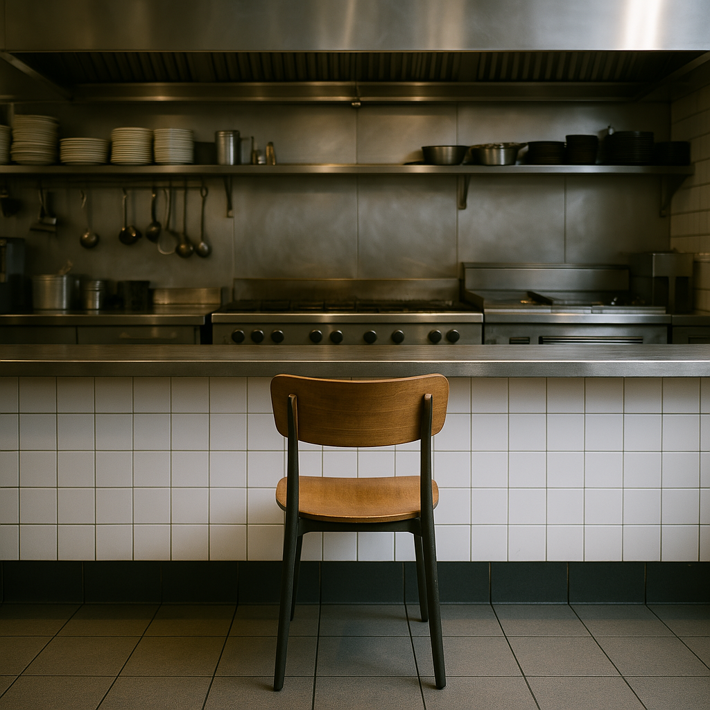 A wooden chair facing a tiled kitchen counter with hanging utensils and stacked dishes, set in a professional kitchen.