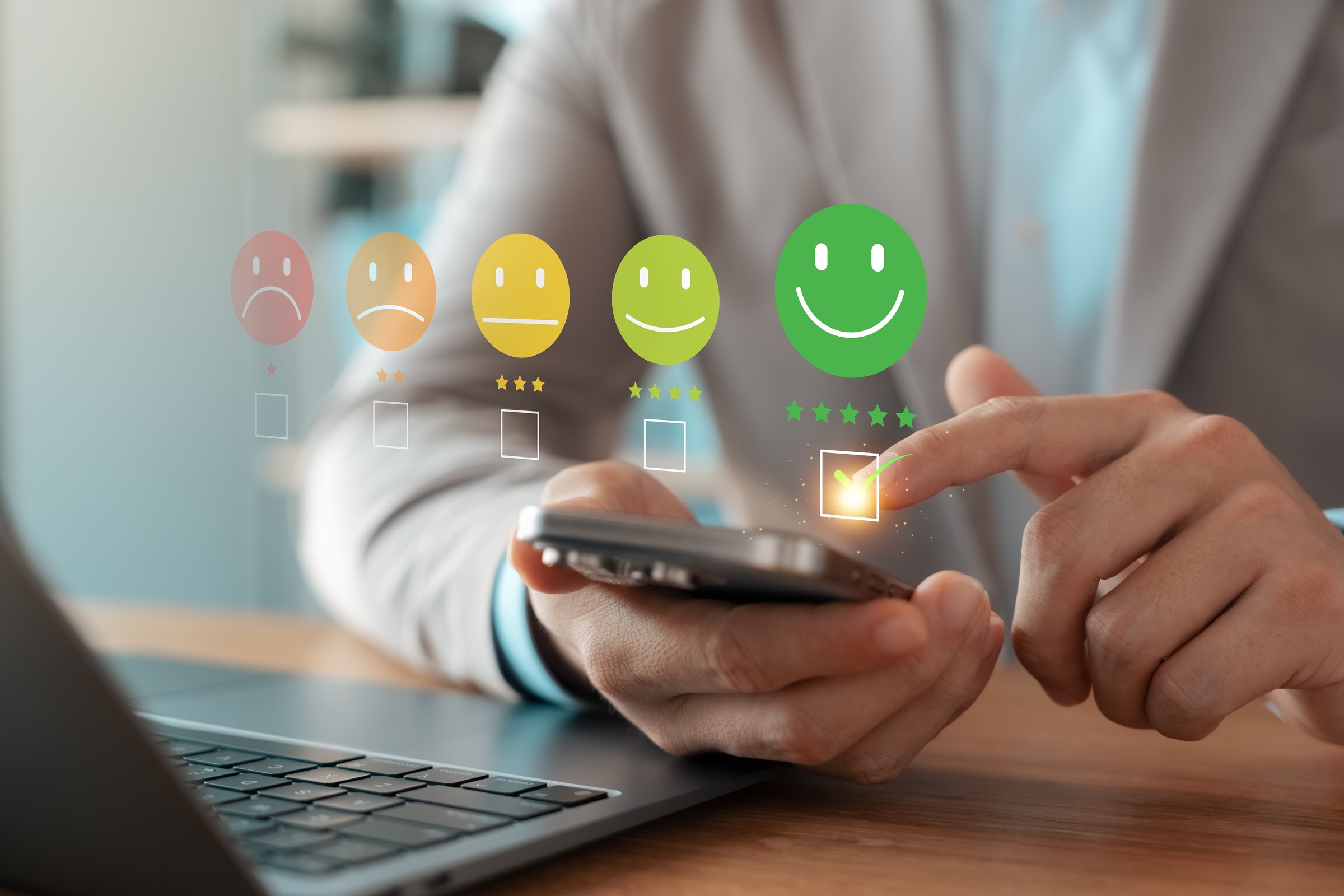 Customer Satisfaction Survey Concept, Users Rate Service Experiences On Online Application, Customers Can Evaluate Quality Of Service Leading To Business Reputation Rating.